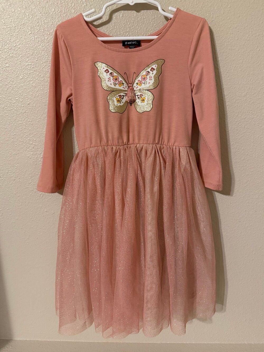 Zunie Girls Pink Butterfly Glitter Tulle Long Sleeve Fit & Flare Dress 6X